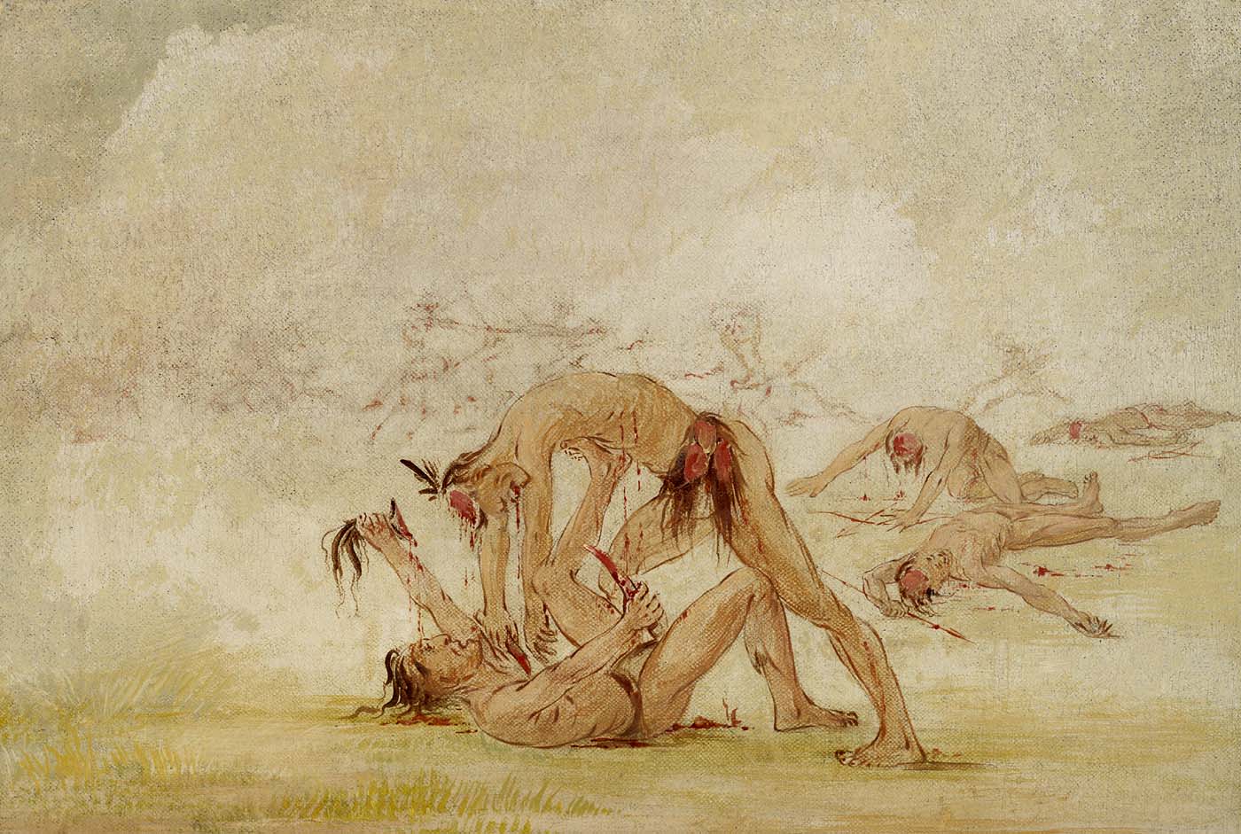 Mandan scalpant un ennemi - George Catlin