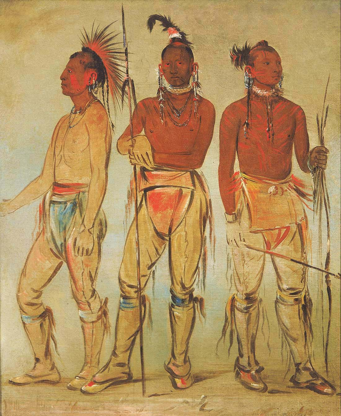 Mun-ne-pús-kee, Celui qui n'a pas peur ; Ko-ha-túnk-a, Grand Corbeau ; et Nah-cóm-ee-shee, L'Homme du Lit, Trois Jeunes Guerriers - George Catlin