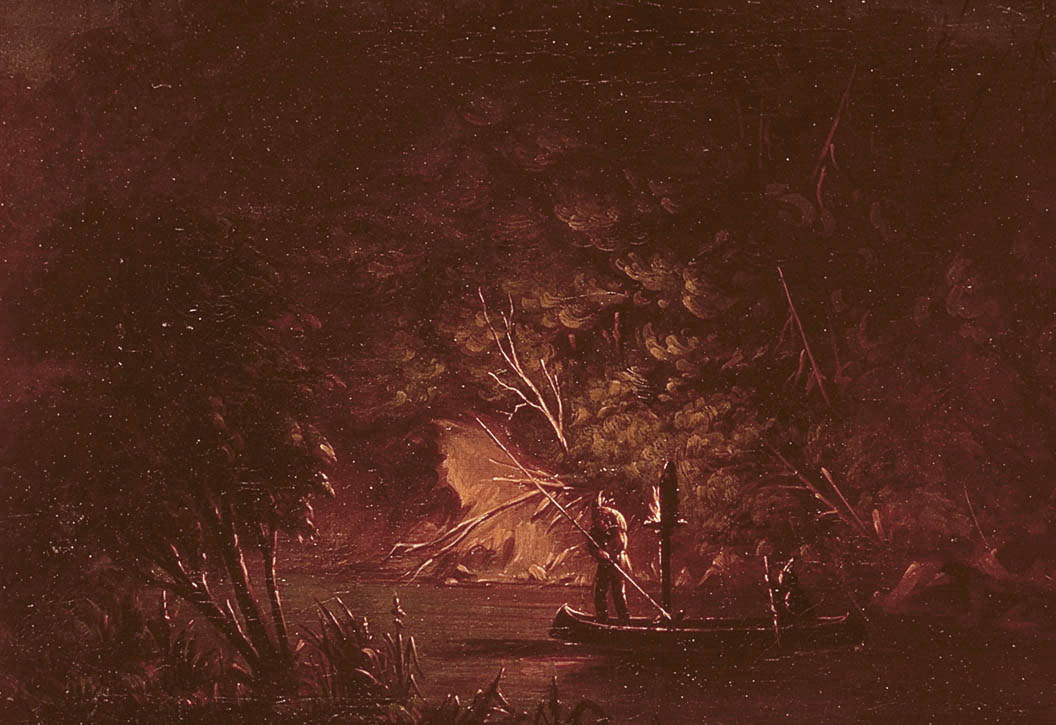 Ojibwé harponnant le saumon à la lueur des torches - George Catlin