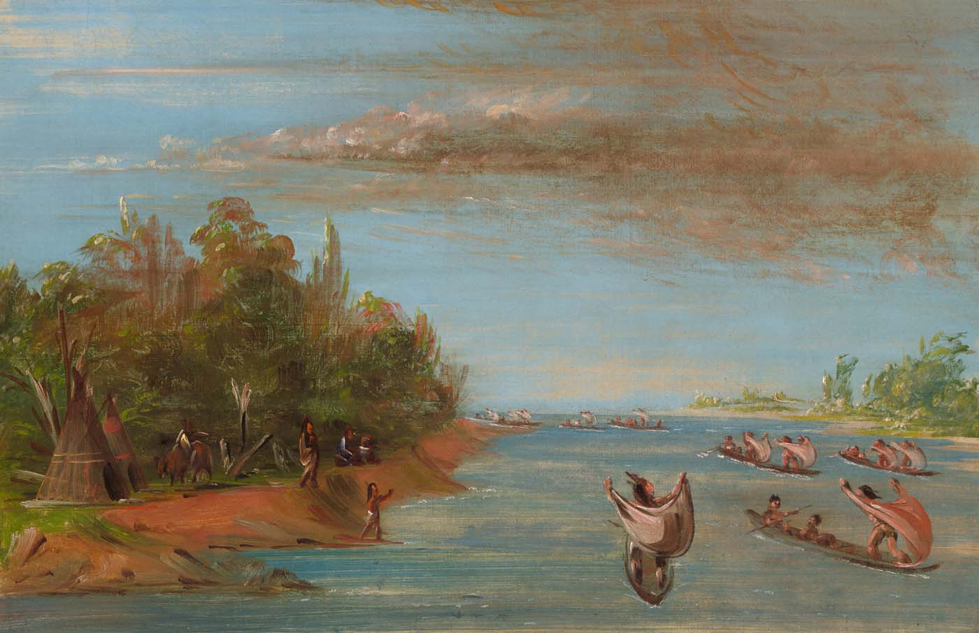 Sac et Fox naviguant en canoë - George Catlin