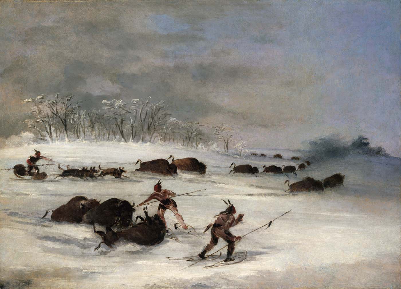 Indiens Sioux en raquettes lançant des bisons - George Catlin