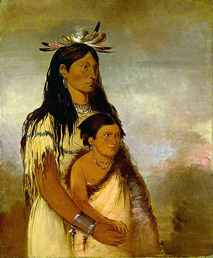 Túnk-aht-óh-ye, le Tonnerre, un garçon, et Wun-pán-to-mee, la Belette blanche, une fille - George Catlin