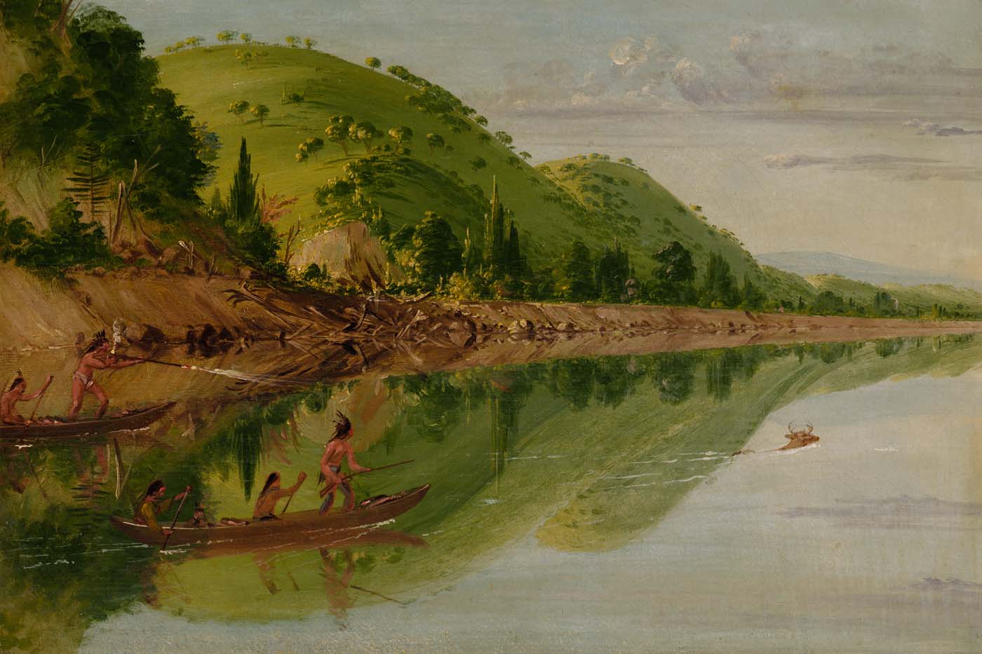 Vue sur la rivière Saint-Pierre, des Indiens Sioux poursuivant un cerf dans leurs canoës - George Catlin