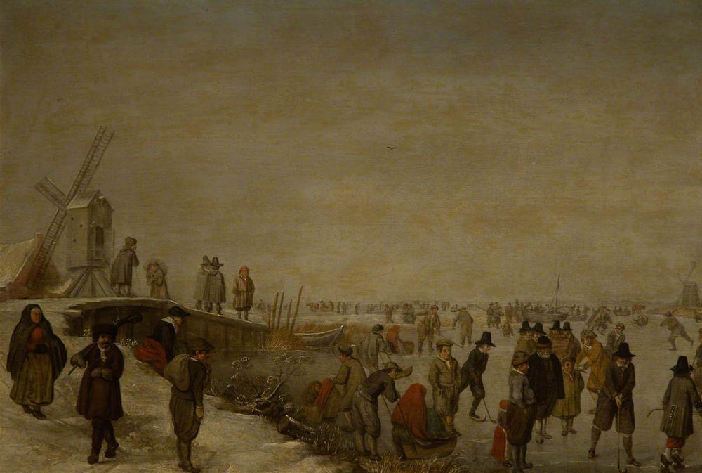 Paysage d'hiver avec des personnages autour d'un pont - Hendrick Avercamp image 1 reproduction de peinture à l’huile