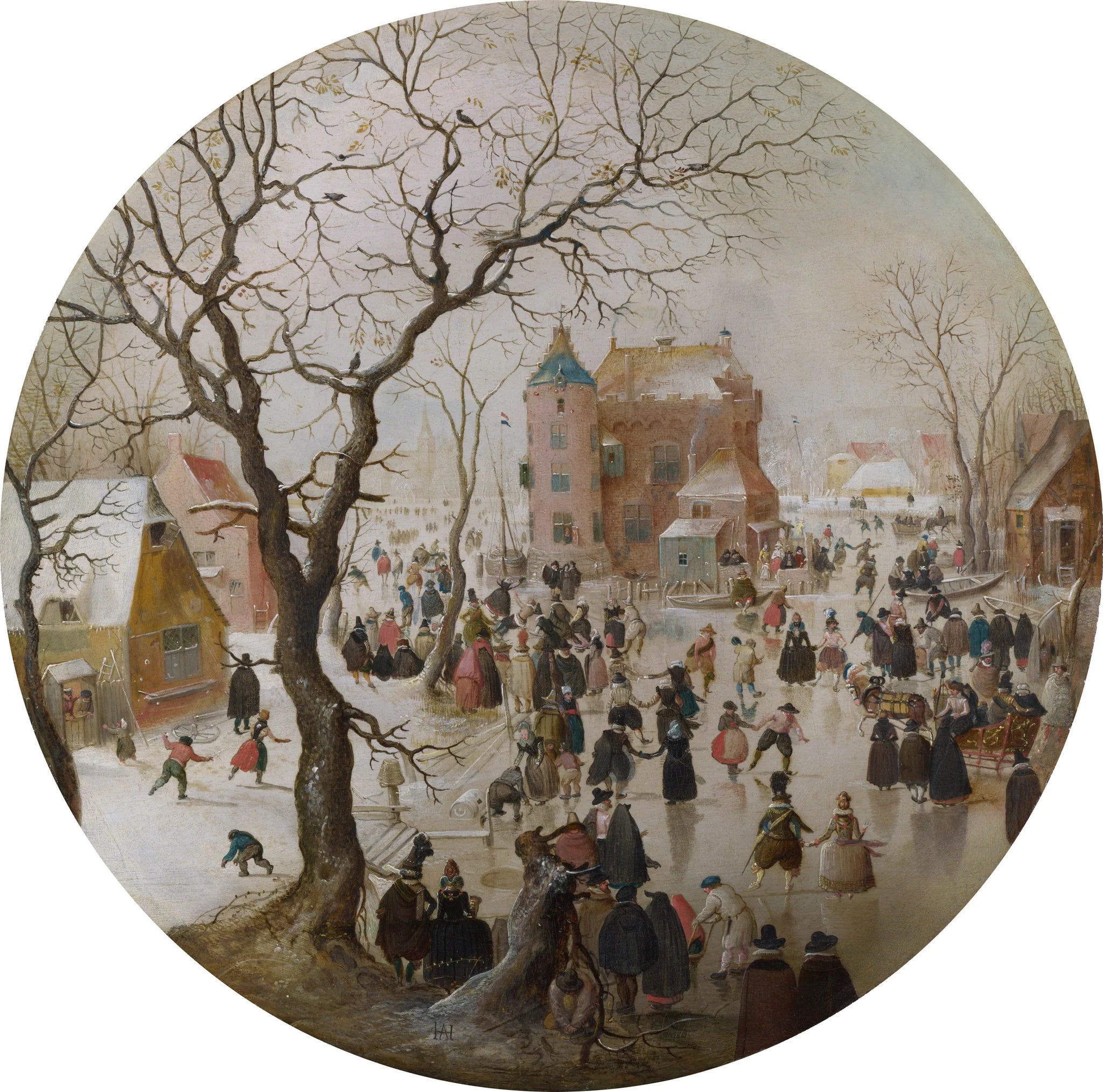 Scène d'hiver avec des patineurs près d'un château - Hendrick Avercamp image 1 reproduction de peinture à l’huile