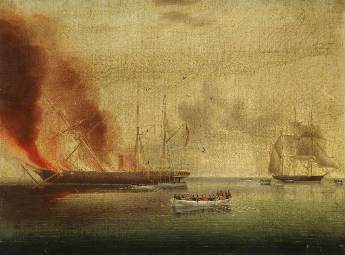 Le navire à vapeur « Glasgow » en feu au large de Nantucket, le 31 juillet 1865 : passagers et équipage secourus par le « Rosamund » - James E. Buttersworth