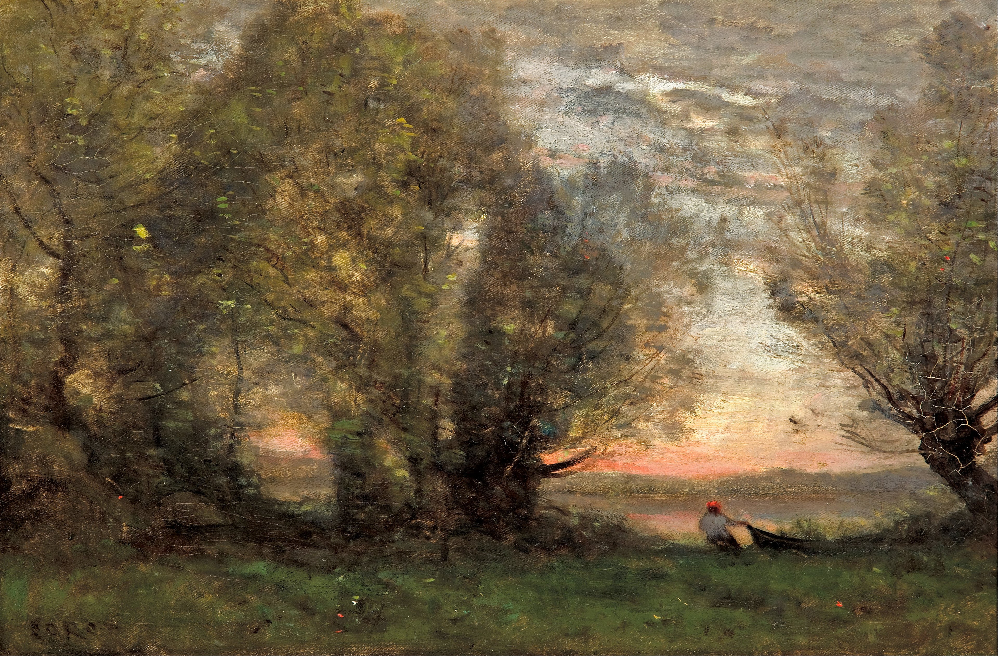 Pêcheur tirant sa barque auprès d'un vieux saule, effet du soir - Jean-Baptiste Camille Corot