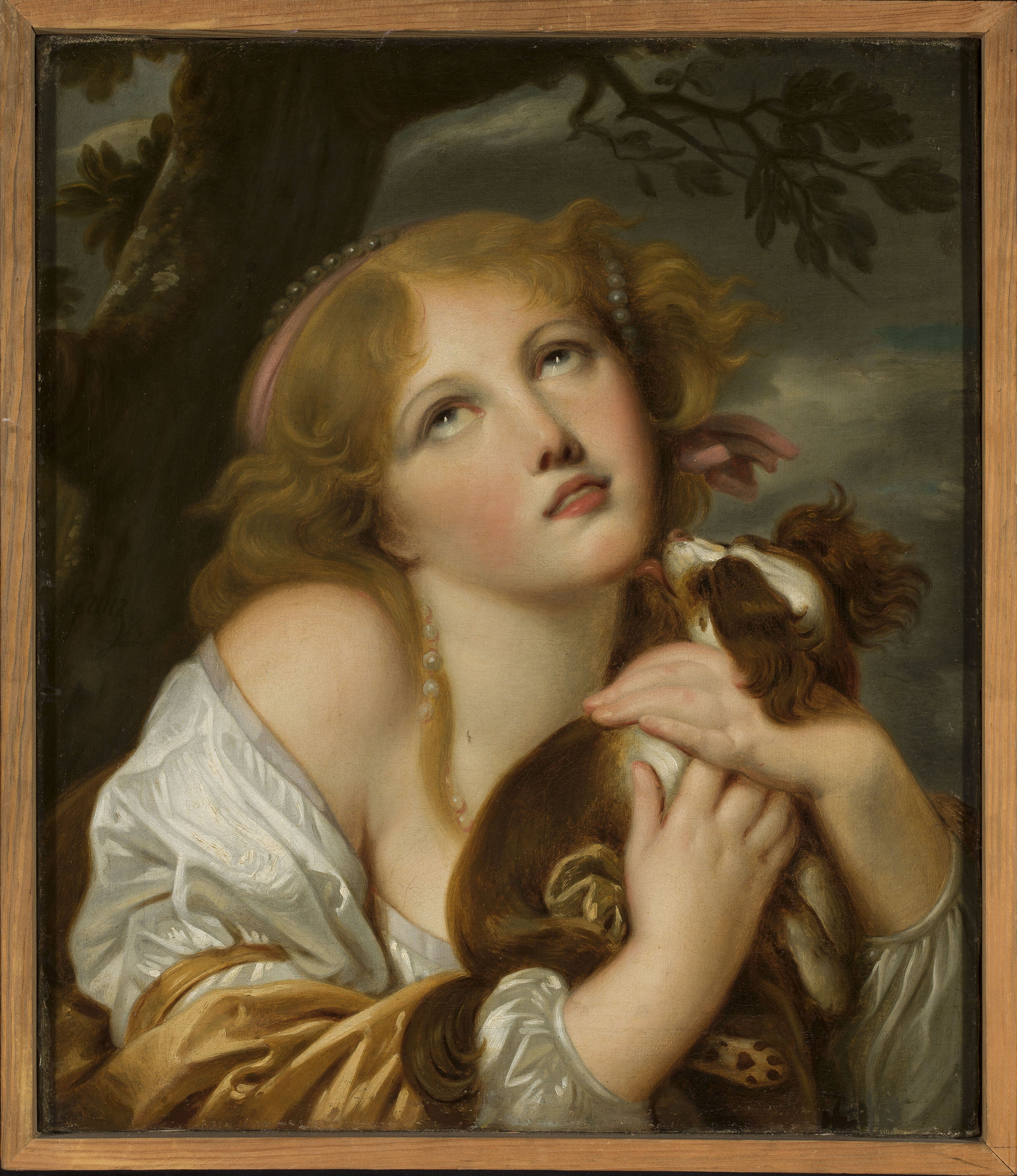 Fille avec un chien dans ses mains - Jean-Baptiste Greuze - Alpha Reproduction