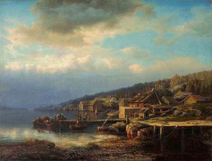Hameau côtier dans la région de Skånevik, Lars Hertervig, 1853, peinture à l’huile