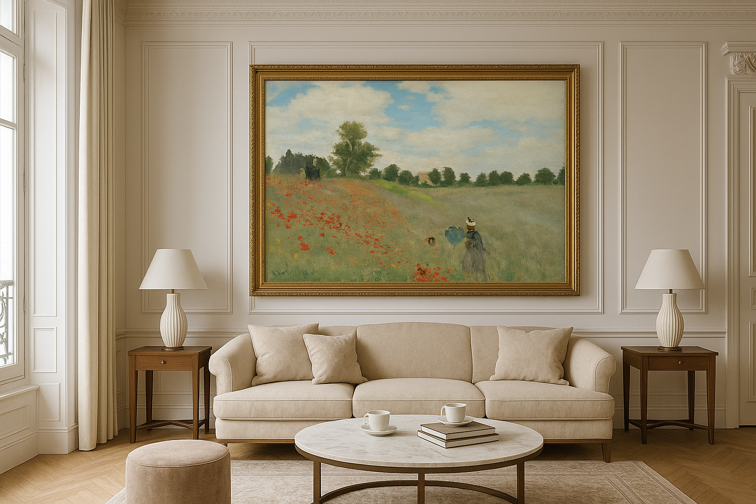 Reproduction peinte à la main de Les Coquelicots de Claude Monet dans un intérieur de style haussmannien, décoration impressionniste.