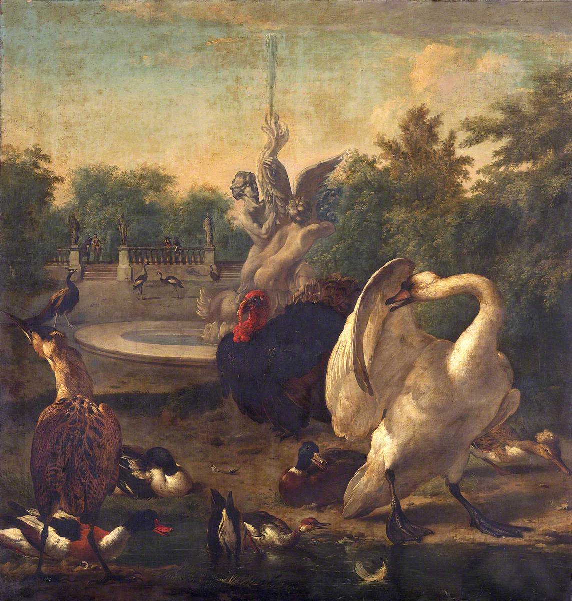 Un parc avec un cygne et d'autres oiseaux - Melchior de Hondecoeter