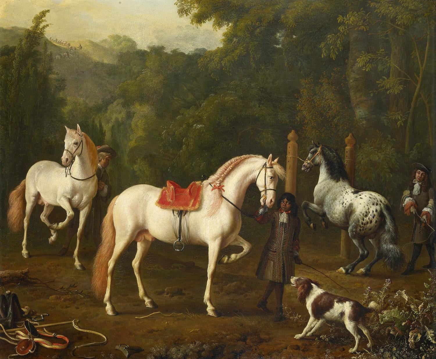 Un palefrenier assistant un maître d'équitation au manège - Melchior de Hondecoeter