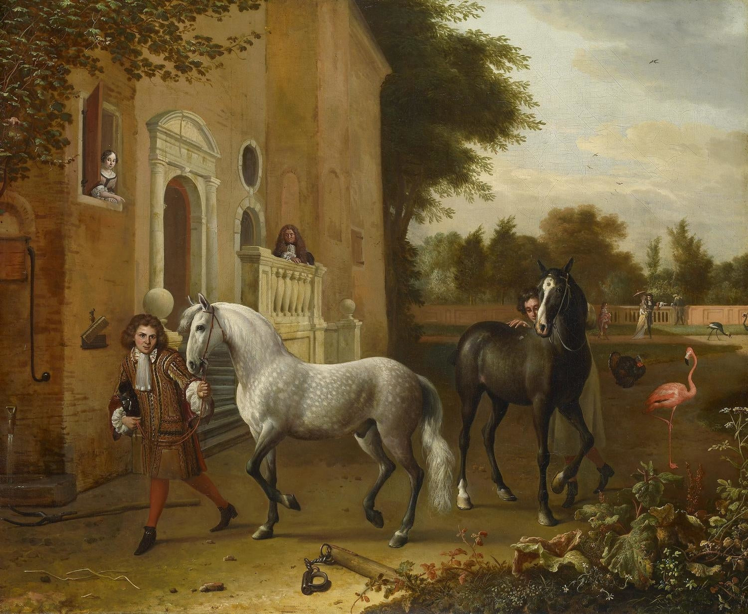 Palefreniers avec chevaux, un gris et un bai foncé, au château de Nijenrode - Melchior de Hondecoeter