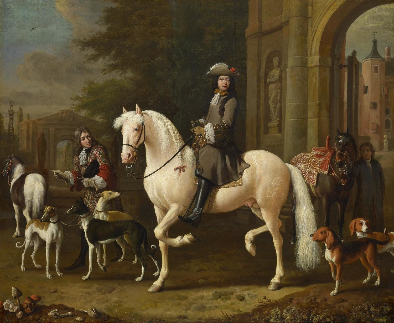 Johan Ortt (1642-1701) à cheval franchit la porte du château de Nijenrode - Melchior de Hondecoeter