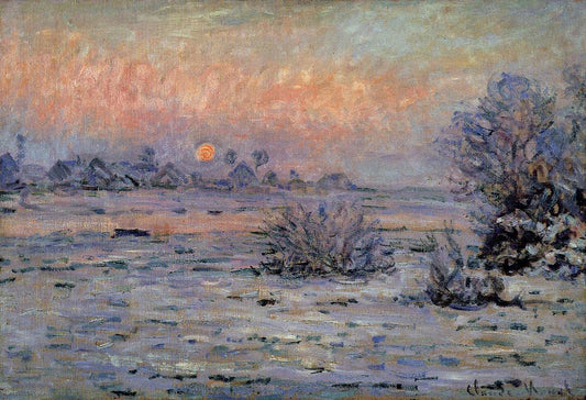 « ผลของหิมะที่ลาวาคูร์, พระอาทิตย์ตก » – Claude Monet (ประมาณปี 1880)