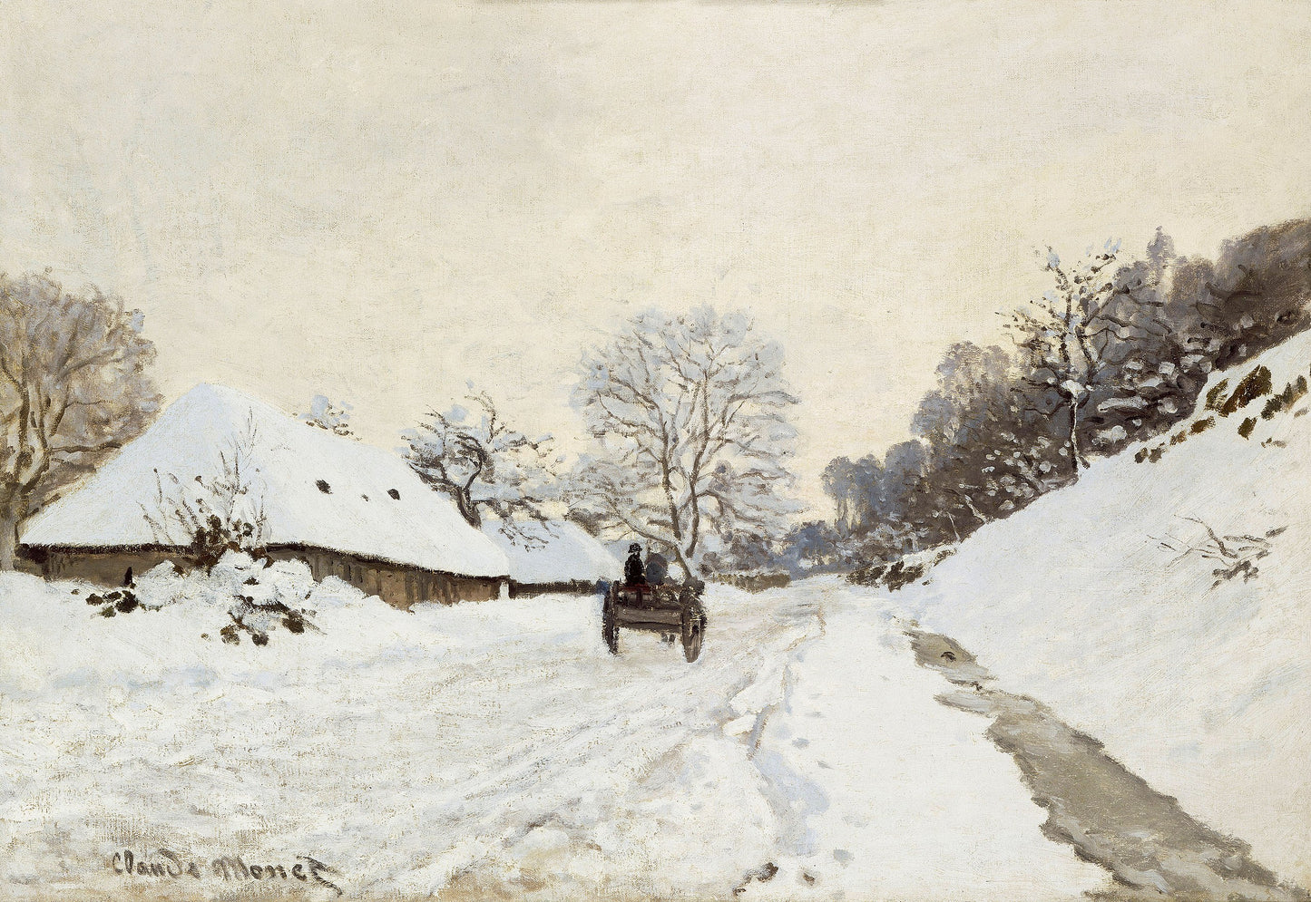 "รถเข็นบนถนนที่ปกคลุมด้วยหิมะที่ฮงเฟลอร์" – Claude Monet (1865/1867)