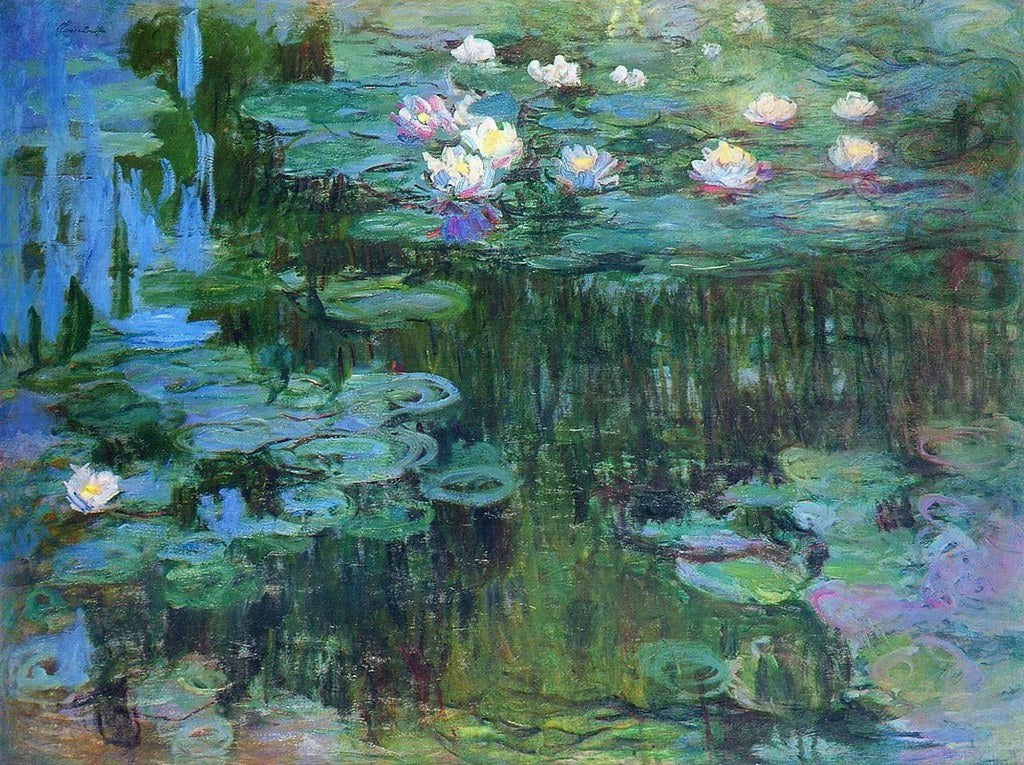 💠 ดอกบัวสีน้ำเงินและดอกไม้บานหนาแน่น – Claude Monet