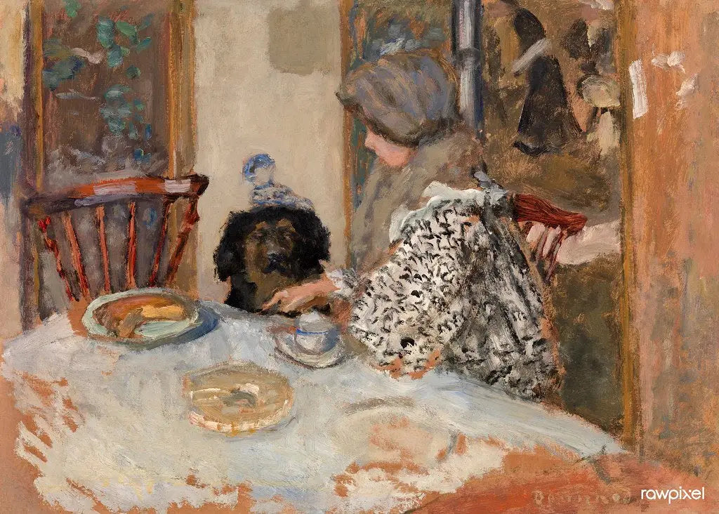 Reproduction du tableau « Femme et chien à table - Pierre Bonnard » par Alpha Reproduction en peinture à l’huile
