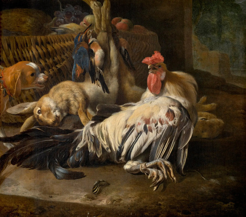 ภาพศิลปะแนวธรรมชาติไร้ชีวิตพร้อมไก่ - Melchior de Hondecoeter