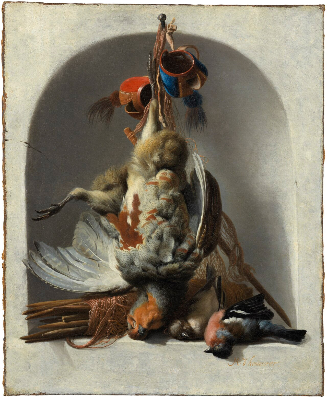 Nature morte avec oiseaux et matériel de chasse dans une niche - Melchior de Hondecoeter