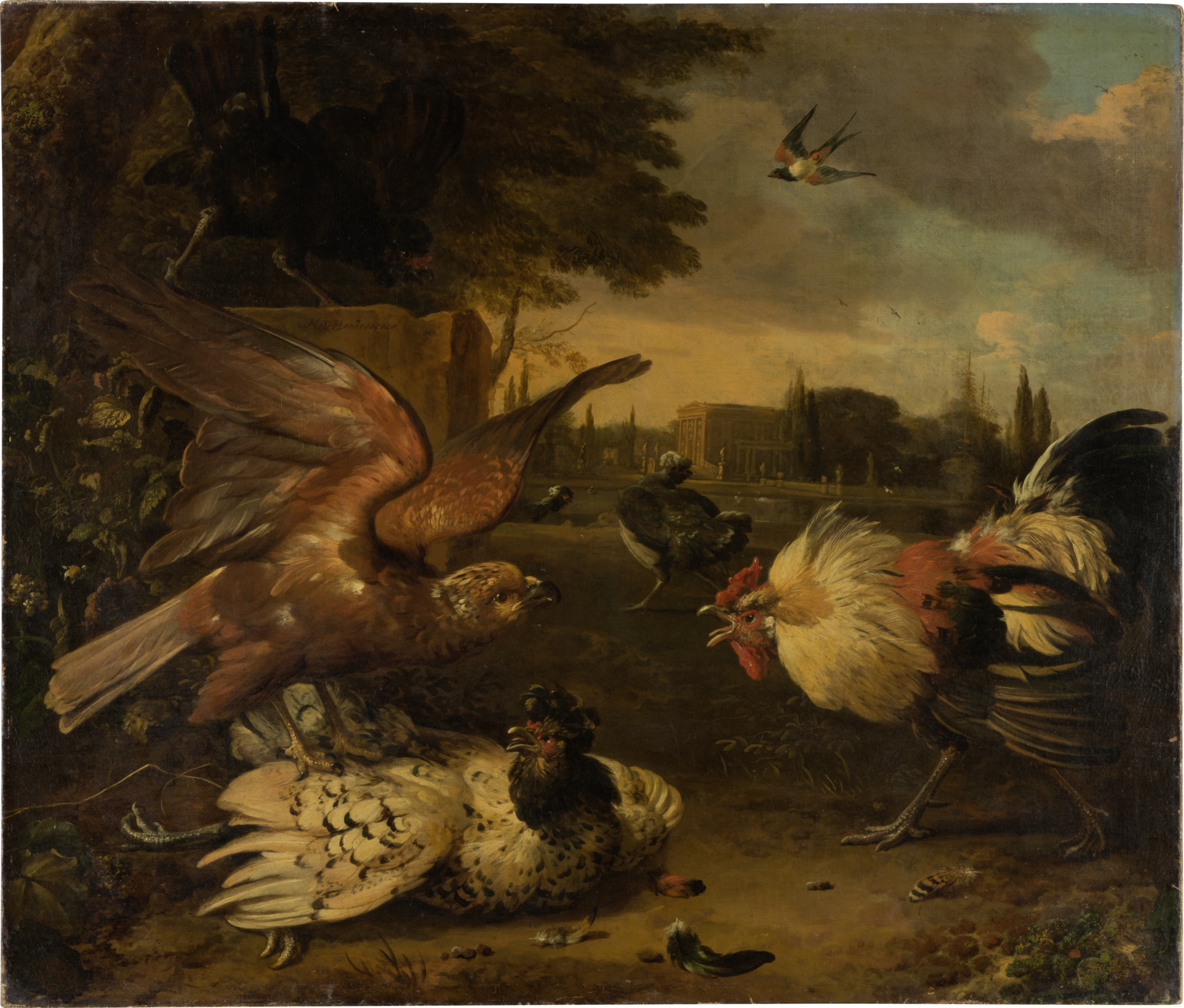 Un coq défend une poule contre un oiseau de proie qui l'attaque - Melchior de Hondecoeter