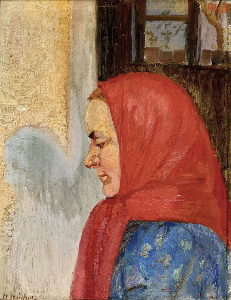 ผู้หญิงสาวจากสกาเกนสวมผ้าพันคอสีแดง มองจากด้านข้าง - Anna Ancher