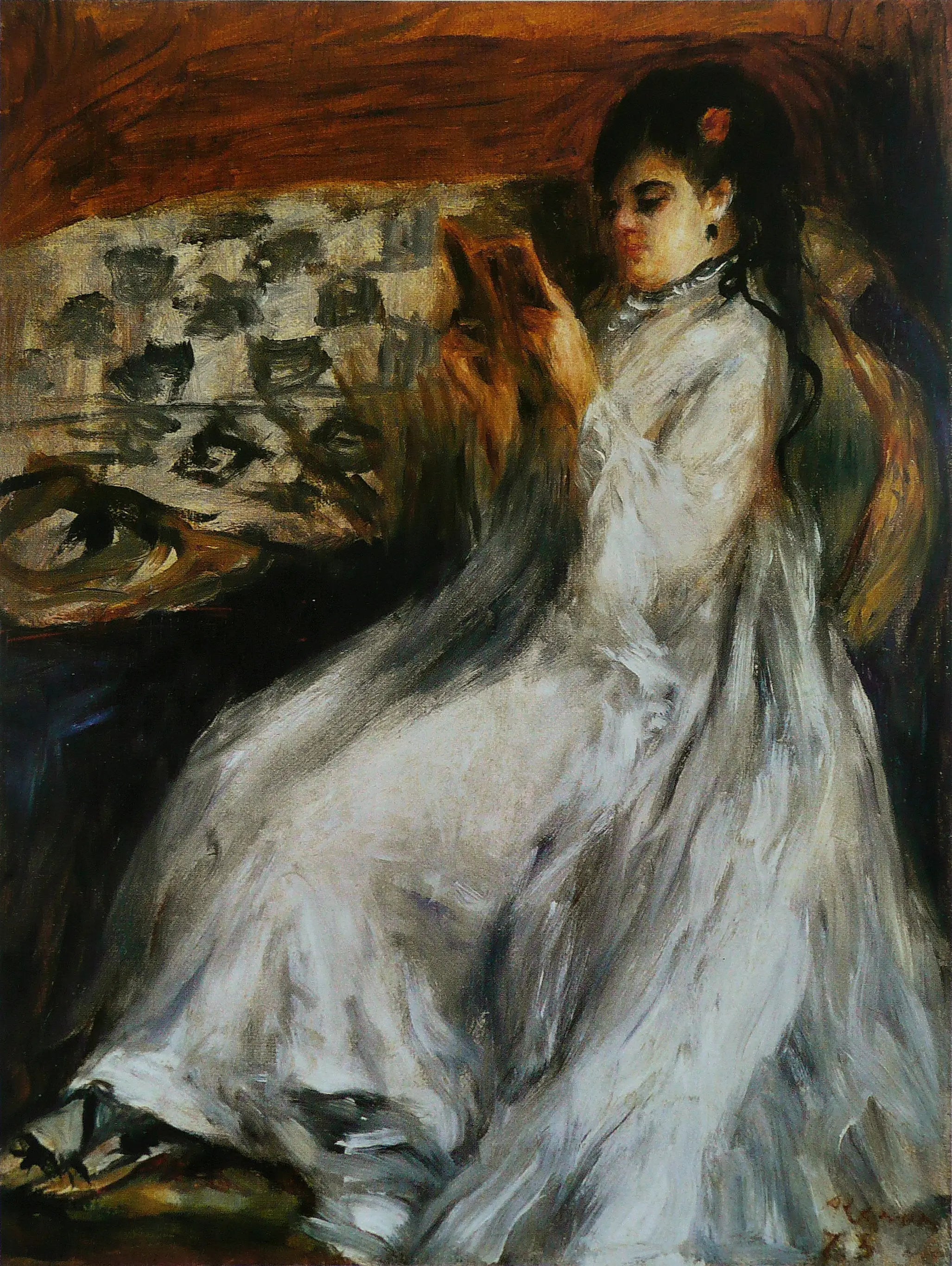 Reproduction du tableau « Jeune femme en blanc lisant - Pierre-Auguste Renoir » par Alpha Reproduction en peinture à l’huile