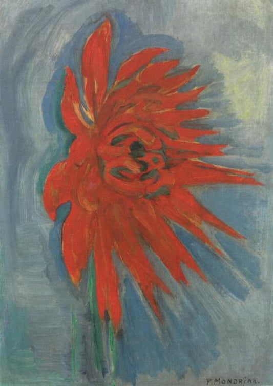 Reproduction du tableau « Chrysanthème rouge sur fond bleu - Piet Mondrian » par Alpha Reproduction en peinture à l’huile