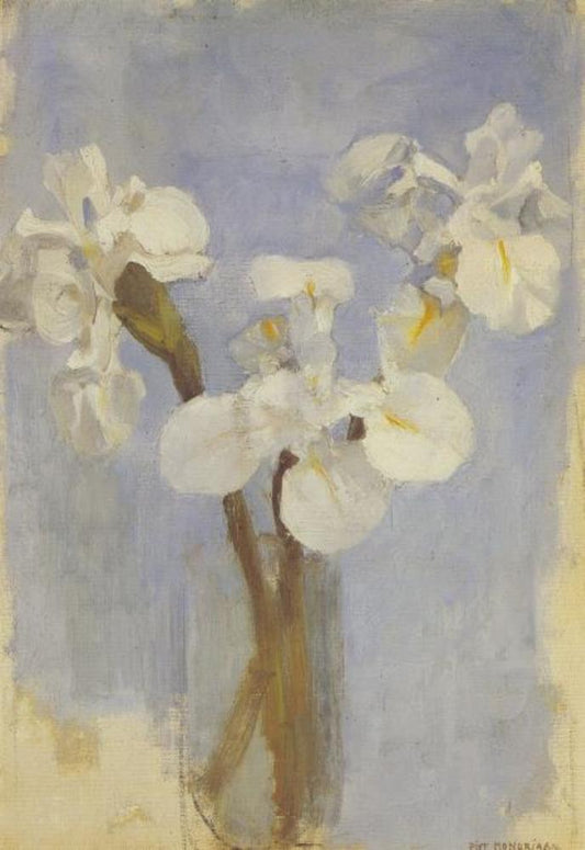 Reproduction du tableau « Iris blancs sur fond bleu clair II - Piet Mondrian » par Alpha Reproduction en peinture à l’huile