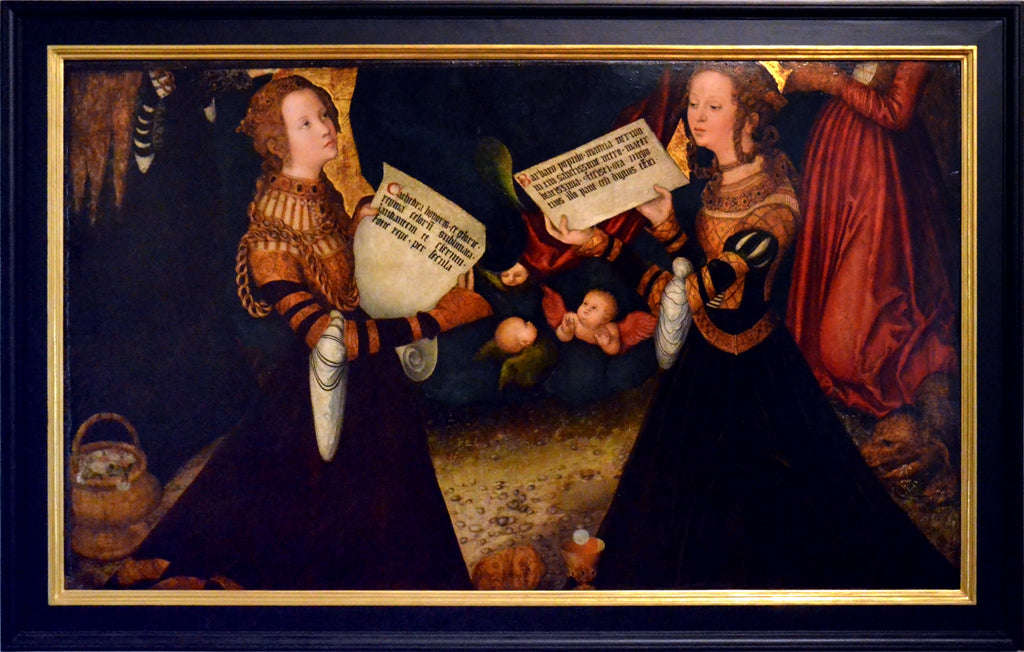 Retable de Prague [panneau central, fragment] : Sainte Catherine et Sainte Barbe avec des fragments des figures de Sainte Dorothée et Sainte Marguerite - Lucas Cranach the Elder