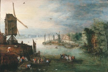 Paysage fluvial avec moulins à vent et navires - Jan Brueghel l'Ancien
