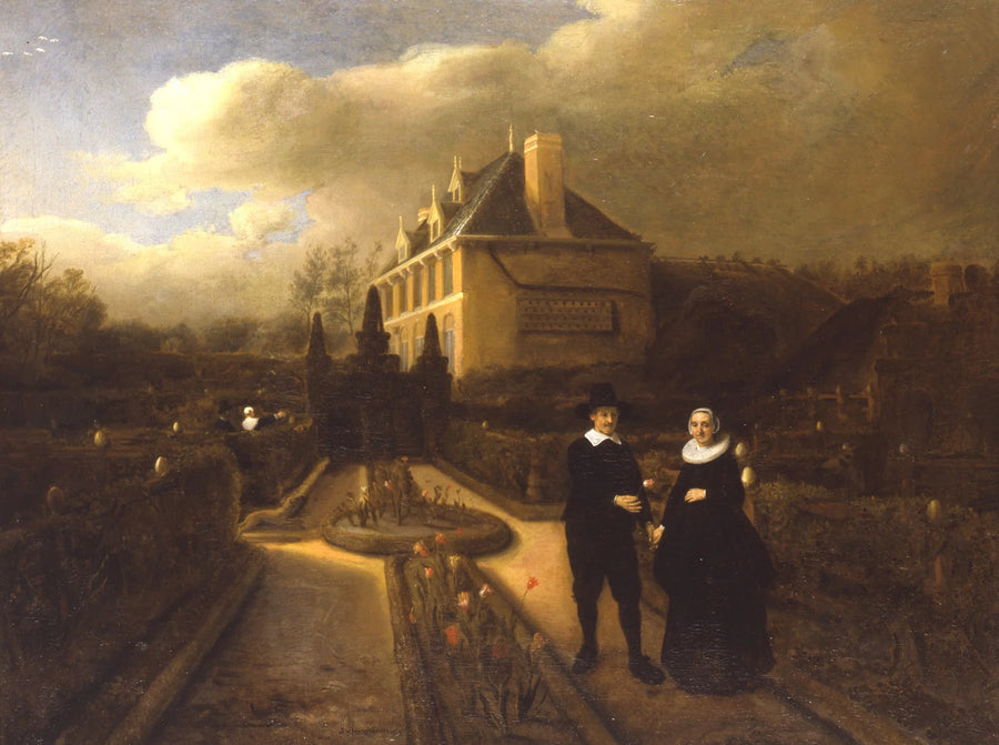 Portrait de Johan Cornelisz. Vijgeboom avec son épouse Anneke Joosten Boogaart dans le jardin de leur maison de campagne à Dubbeldam - Samuel van Hoogstraten