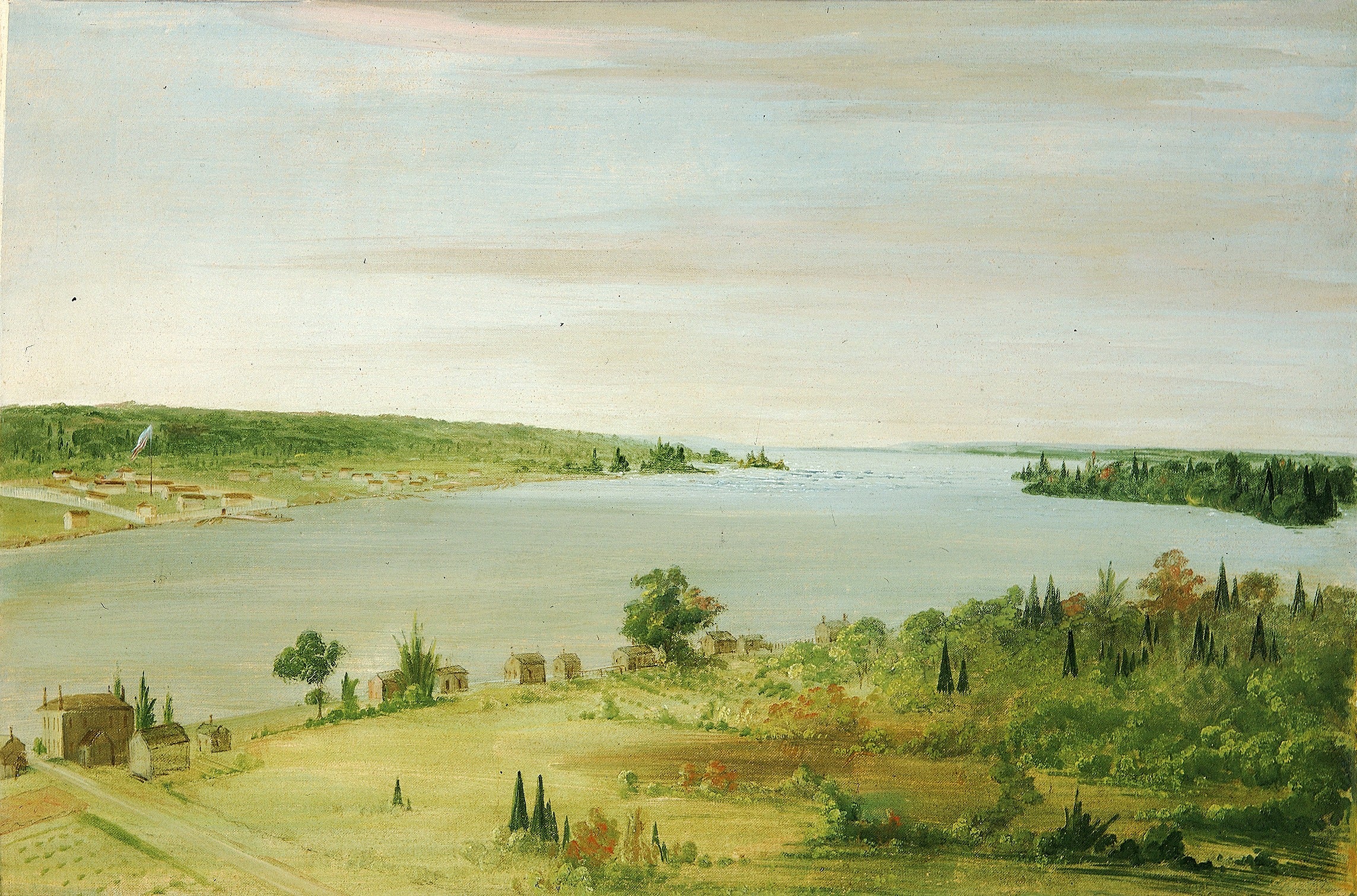 Sault Ste. Marie, montrant la garnison américaine au loin - George Catlin