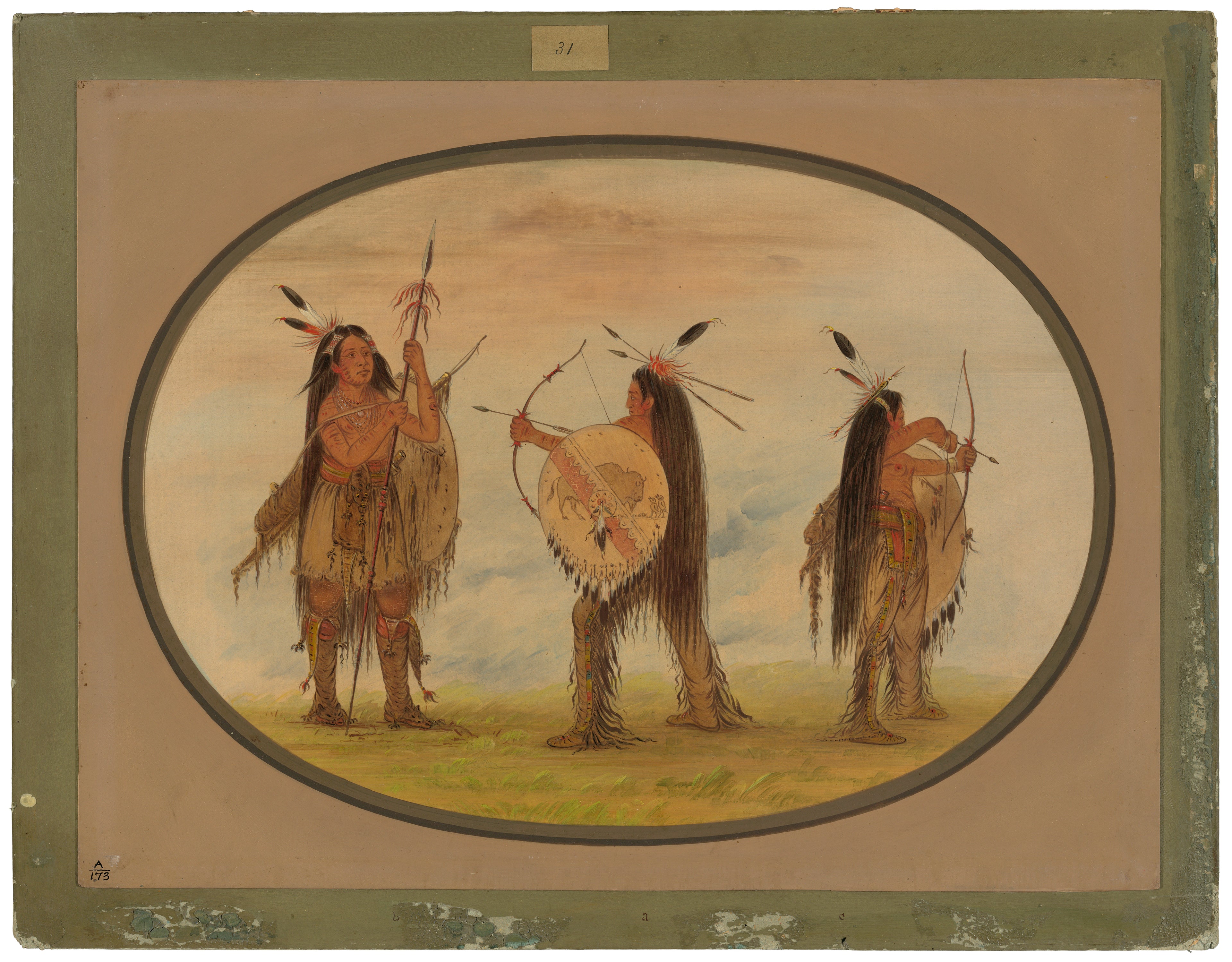 Trois guerriers mandans armés pour la guerre - George Catlin
