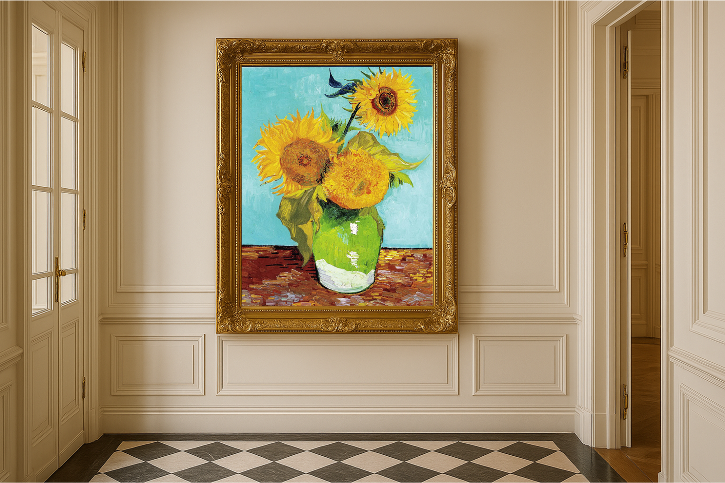 🌻 ทานตะวัน (พื้นหลังสีฟ้าอมเขียว) – Vincent van Gogh (1888)
