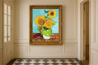 🌻 ทานตะวัน (พื้นหลังสีฟ้าอมเขียว) – Vincent van Gogh (1888)