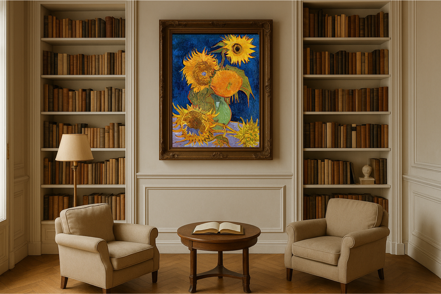🌻 ทานตะวัน (พื้นหลังสีน้ำเงินราชา) – Vincent van Gogh (1888)