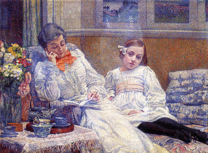 ผู้หญิงกำลังอ่านหนังสือและเด็กหญิงตัวน้อย - Théo van Rysselberghe