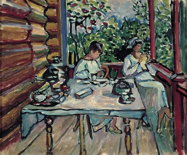 Reproduction du tableau « Akhtyrka, Nina et Tatiana dans la véranda - Vassily Kandinsky » par Alpha Reproduction en peinture à l’huile