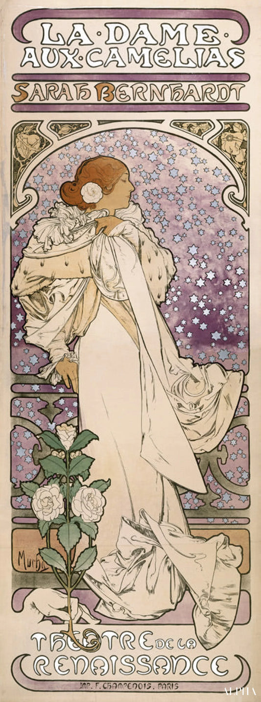 Affiche de la pièce La Dame aux Camélias de A. Dumas au Théâtre de la Renaissanse - Mucha - Reproductions de tableaux et peintures haut de gamme