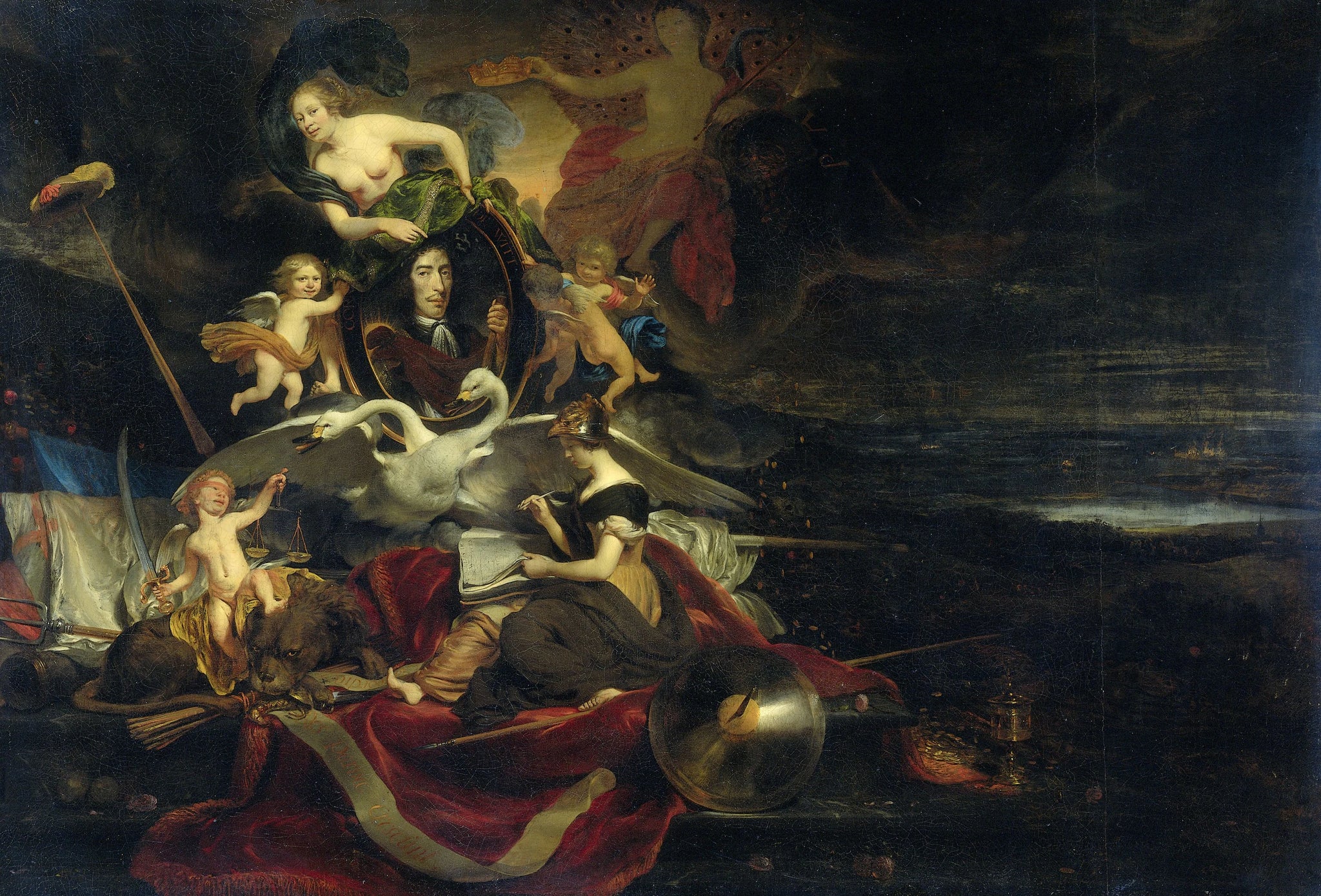 Allégorie du voyage à Chatham (1667) avec un portrait de Cornelis de Witt - Cornelis Bisschop