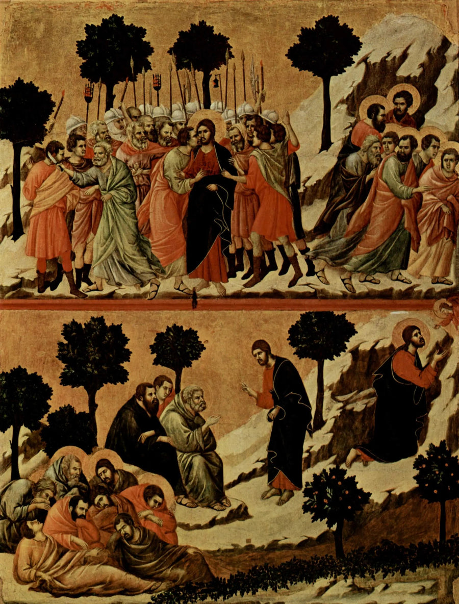 การจับกุมของพระเยซู (บนสุด) ; ความทุกข์ทรมานในสวน (ด้านล่าง) - Duccio di Buoninsegna