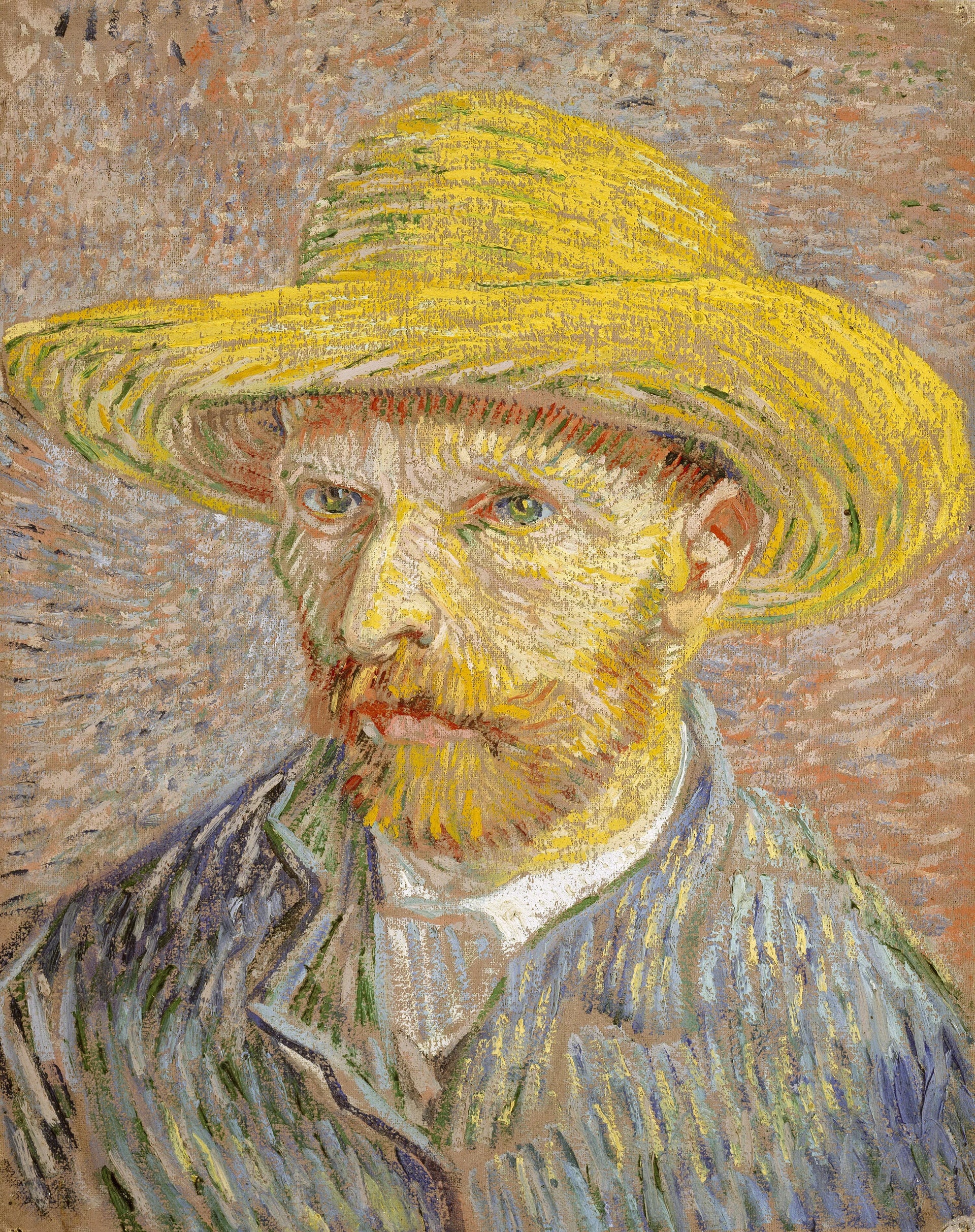Autoportrait au chapeau de paille, F365v — chapeau jaune et veste claire peints par Vincent van Gogh