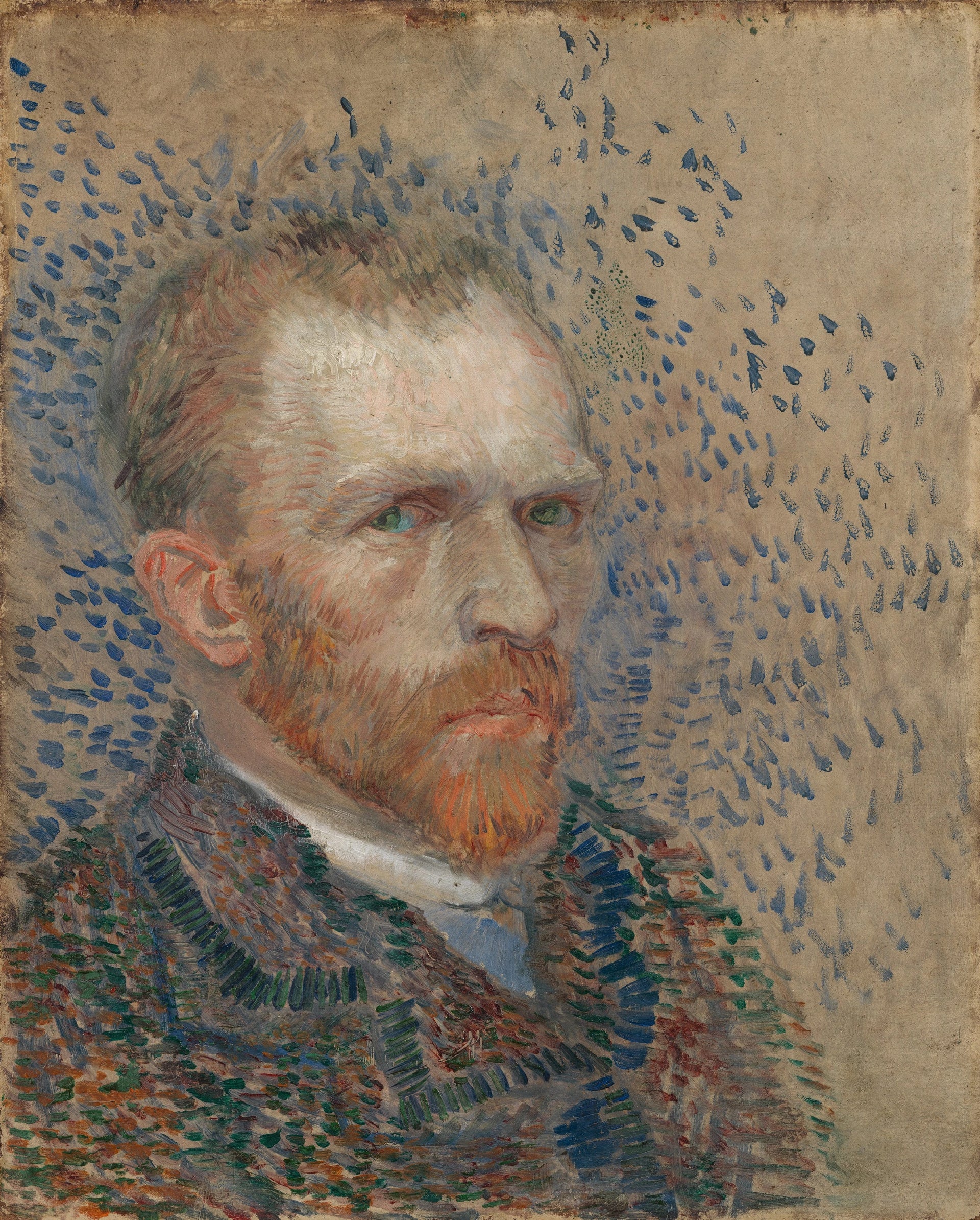 Autoportrait, F356 — Vincent van Gogh au regard intense devant un fond de touches bleues