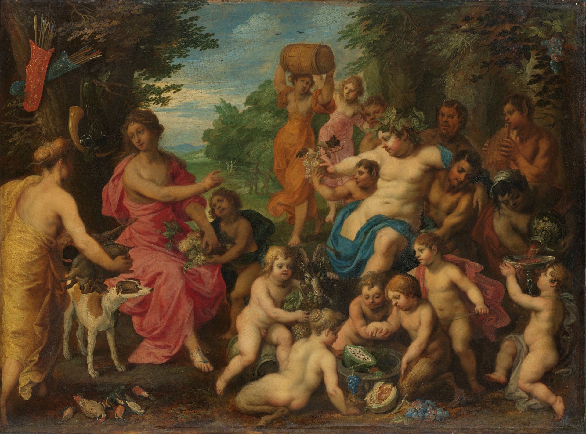 Bacchus et son entourage offrent du vin et des fruits à Diane - Hendrick van Balen