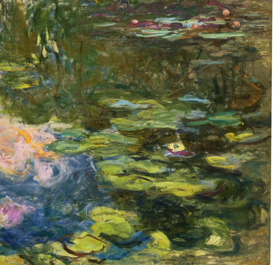 Détail du reflet sombre et des feuilles dans Le Bassin aux nymphéas W1897 de Claude Monet