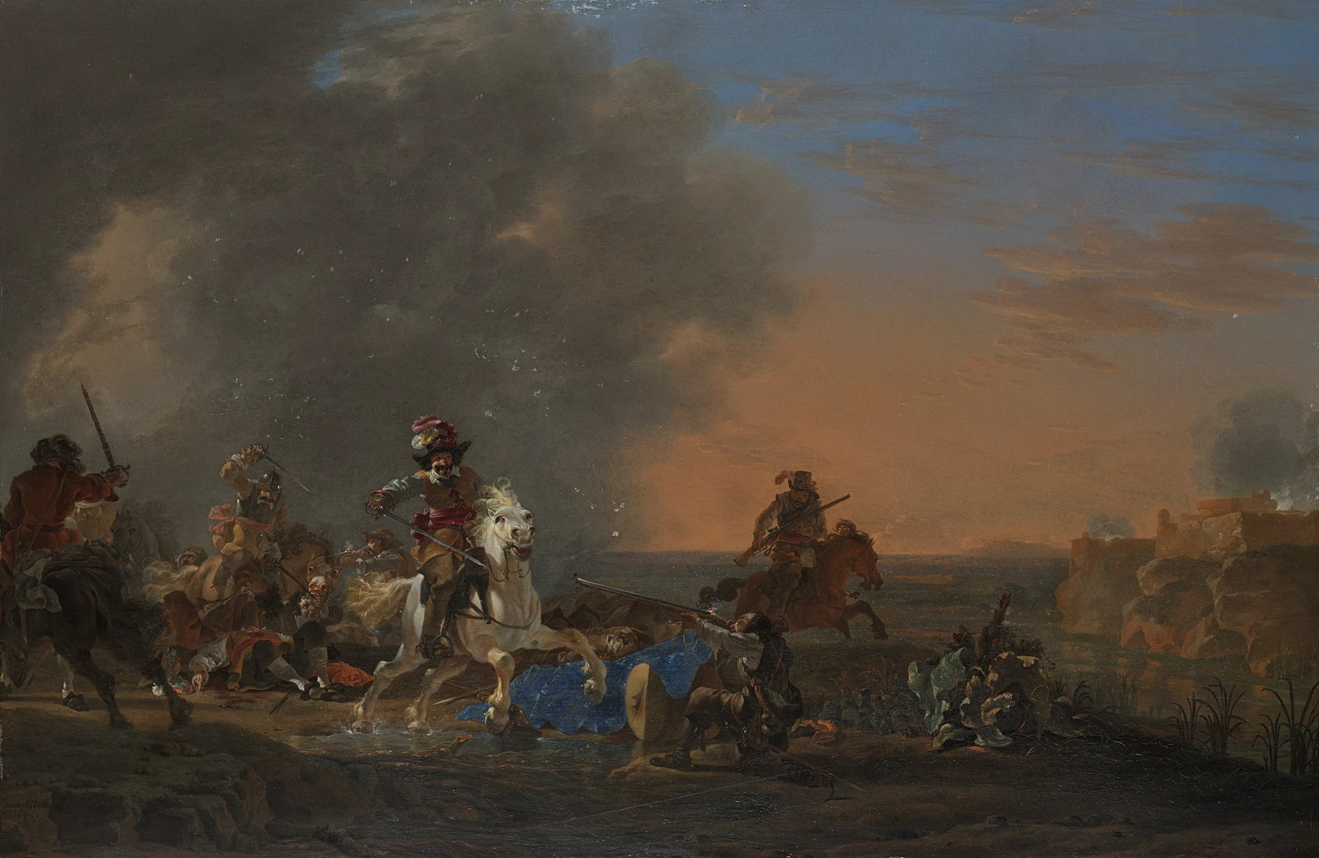 Bataille équestre au coucher du soleil. - Jan Asselyn