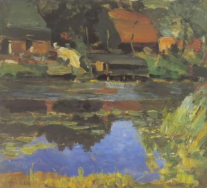 อาคารริมแม่น้ำพร้อมกับบ่อน้ำ - Piet Mondrian