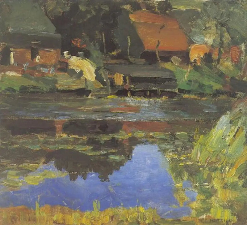อาคารริมแม่น้ำพร้อมกับบ่อน้ำ - Piet Mondrian