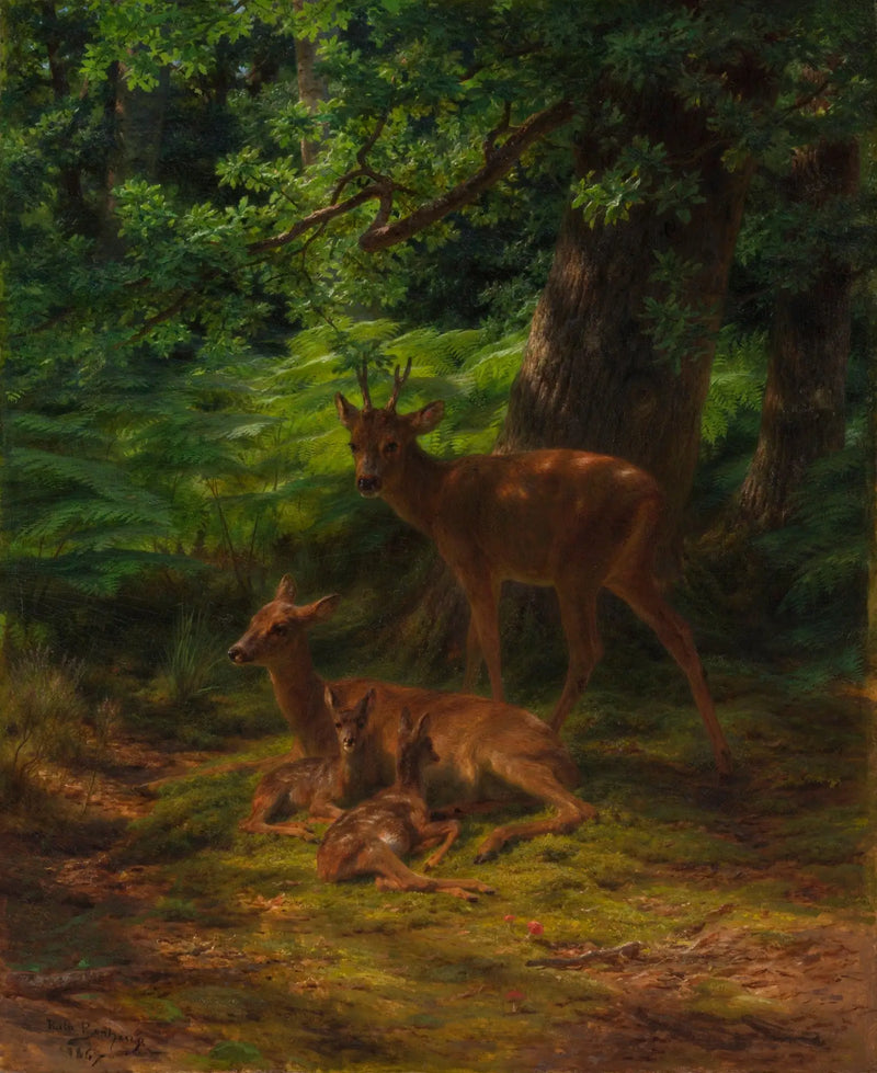 กวางและกวางในท่าทางพักผ่อน - Rosa Bonheur